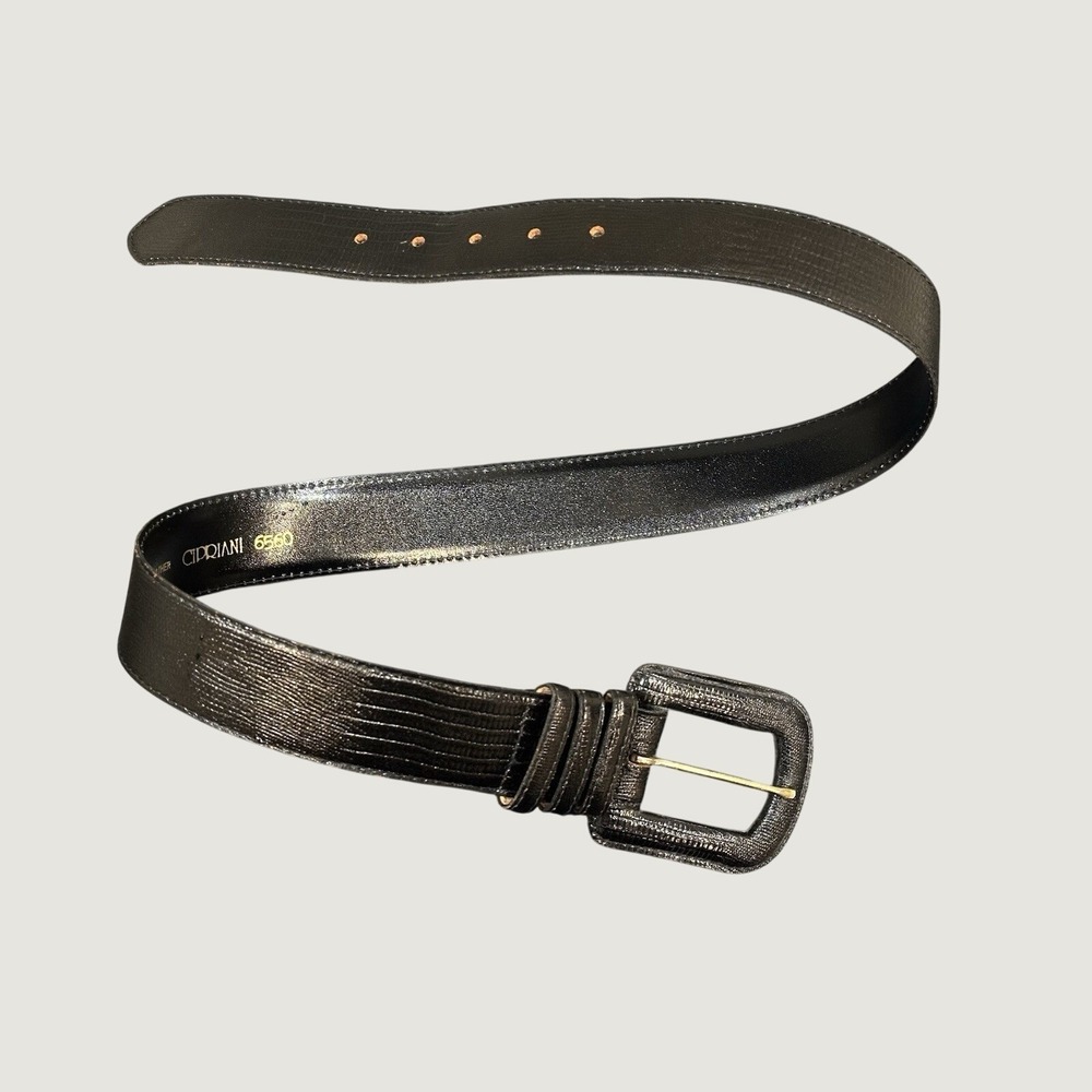 VTG‎ Cipriani 6560 Lizard Grain Leather Belt Black Gold Large Women's Y2K 90s